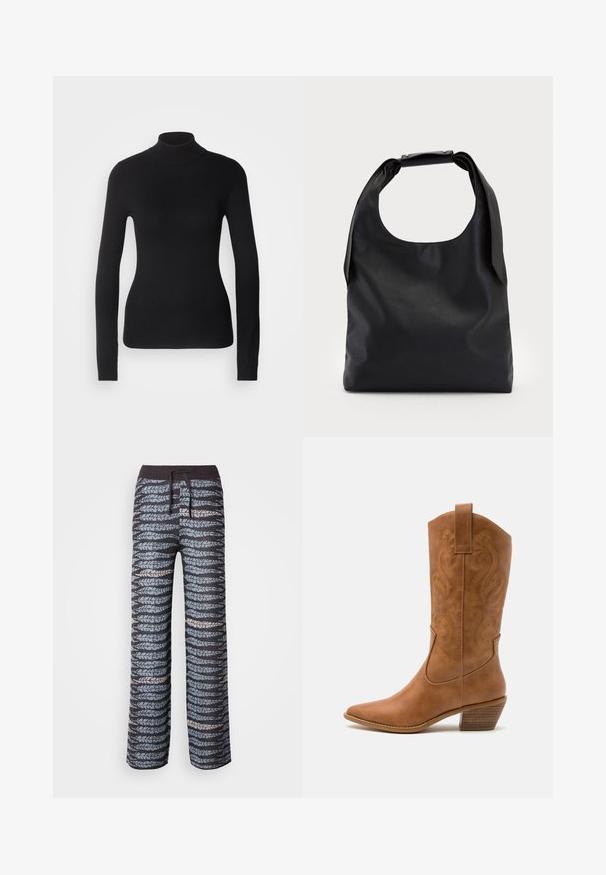 Schwarzer Rollkragenpullover aus leichtem Strickgewebe. Mit langen Ärmeln, taillierter Passform und weichem Ripptextil.; Leichte, gemusterte Hosen mit einem dunklen Grundton und abwechselnd blauen und grauen Blattmotiven, elastischem Bund und Zugband.; Braune Leder-Cowboy-Stiefel mit spitzem Zehenbereich, bestickten Wirbelmustern am Schaft und einem gestapelten Blockabsatz. Verfügt über einen Ziehriemen für das einfache Anziehen.; Schwarze Leder-Hobo-Tasche mit einem einzelnen, weichen, abgerundeten Griff; verfügt über eine glatte Textur und ein minimalistisches Design. Keine sichtbaren Beschläge oder Akzente.; Silberne Creolen mit minimalistischem Design. Rundform, glatte Oberfläche und dünnes Profil. Leichtgewichtig mit hochglänzender Oberfläche.