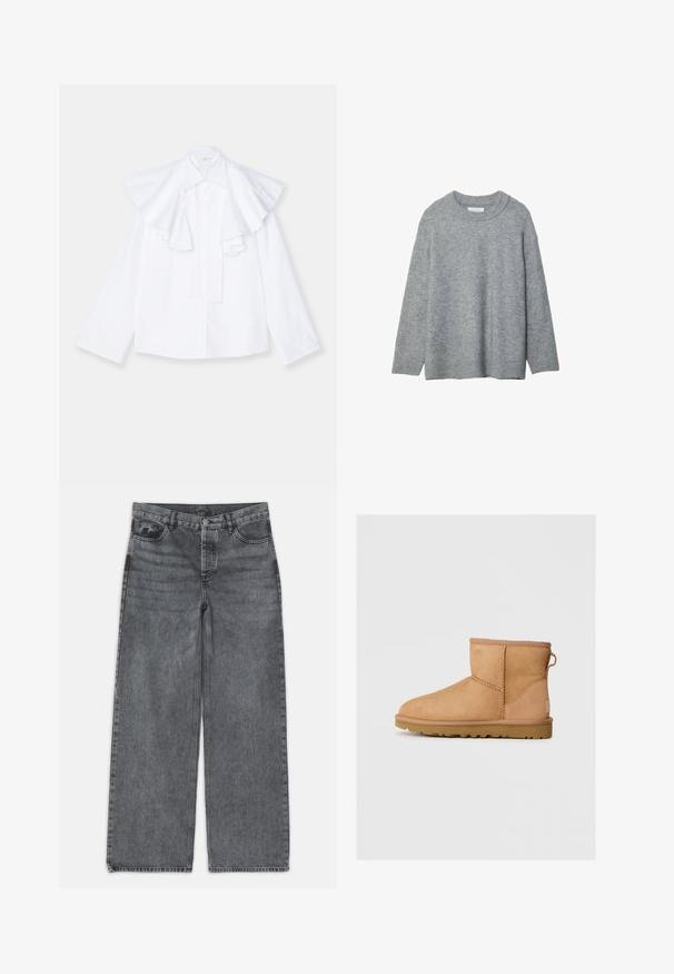 Gray knitted sweater with a round neckline, dropped shoulders, and ribbed cuffs. Soft texture and loose-fit design. No patterns or accents.; White cotton shirt with a large, ruffled collar and long sleeves, featuring a button-down front and a straight silhouette.; Wide-leg jeans in dark gray denim. Features a high waist, five-pocket design, and front button closure. Smooth texture with subtle fading.; Tan suede ankle boot with round toe, stitched detailing, pull tab on back, and a textured rubber sole. Designed for comfort and warmth.