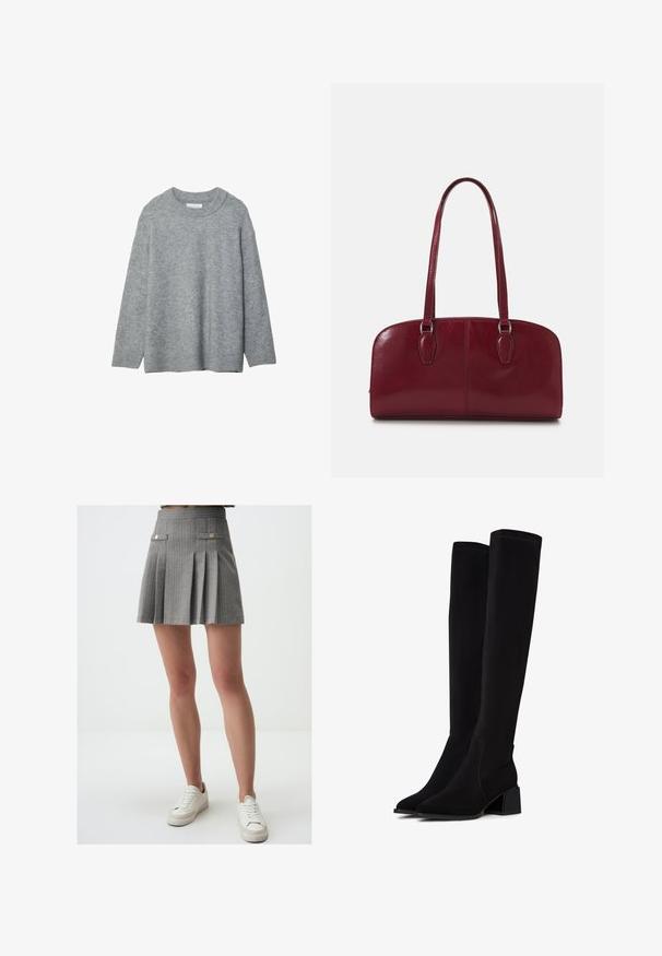 Pull en tricot gris avec un col rond, des épaules tombantes et des poignets côtelés. Texture douce et coupe ample. Pas de motifs ni d'accents.; Jupe mini plissée grise avec des rayures verticales, dotée de boutons en ton doré et de poches latérales. Associée à des baskets blanches.; Bottes noires au-dessus du genou en matériau doux et texturé. Caractéristiques d'un talon carré, d'un bout pointu et de coutures visibles.; Zign LEATHER - Sac à main - dark red