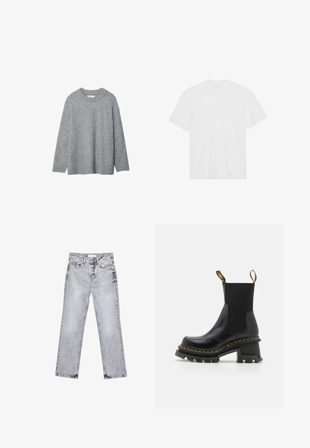 Grå stickad tröja med rund halsringning, sänkt axeldesign och ribbade muddar. Mjuk textur och loose-fit design. Inga mönster eller detaljer.; Vit bomull t-shirt med kort ärm, rundad halsringning och rak nederdel. Slät textur, minimalistisk design utan mönster eller detaljer.; Grå denimjeans med rak benpassform, slitna detaljer, fem fickor och kopparnitar. Midjan har en logotagg.; Svarta läderstövlar vid anklarna med elastiska sidopaneler, grov texturerad sula, gula sömnadsdetaljer och dragflikar på hälen.