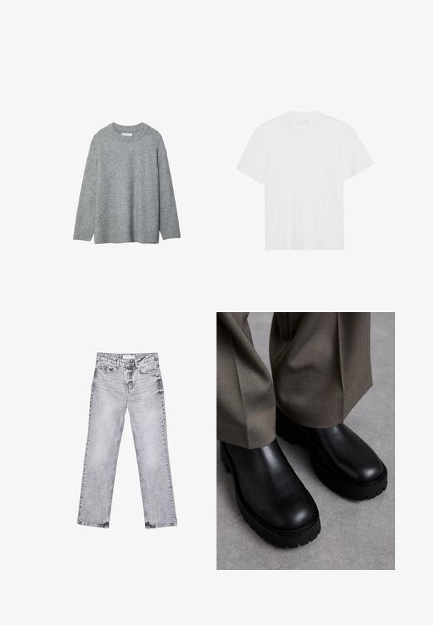 Gray knitted sweater with a round neckline, dropped shoulders, and ribbed cuffs. Soft texture and loose-fit design. No patterns or accents.; White cotton t-shirt with short sleeves, crew neckline, and straight hem. Smooth texture, minimalistic design without patterns or accents.; Gray denim jeans with a straight-leg cut, distressed detailing, five pockets, and copper rivets.  Waistband features a logo tag.; Black leather boots with a chunky rubber sole, featuring smooth texturing and rounded toe, paired with loose olive trousers.