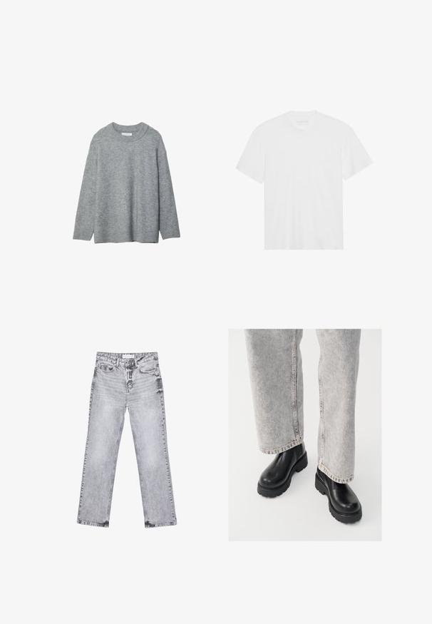 Siv krožnikast pulover z okroglo izreznico, spuščeni rameni in rebrastimi rokavi. Mehka tekstura in ohlapen kroj. Brez vzorcev ali akcentov.; Bela bombažna majica s kratkimi rokavi, krožnim izrezom in ravnim robom. Gladka tekstura, minimalistična zasnova brez vzorcev ali okrasov.; Sive traperice z ravnim krojem, z obdelanimi detajli, petimi žepi in bakrenimi zakovicami. Pas ima oznako z logotipom.; Vagabond COSMO - Gležnjarji s platformo - black