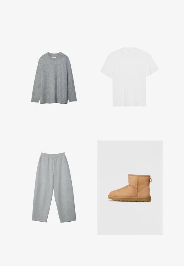 Sivi pleteni pulover s okruglim izrezom, spuštenim ramenima i rebrastim manžetama. Mekana tekstura i širok kroj. Bez uzoraka ili naglašavanja.; Bijela pamučna majica s kratkim rukavima, okruglim izrezom i ravnim rubom. Glatka tekstura, minimalistički dizajn bez uzorkâ ili akcenta.; Svijetlo sivi dukserici s elastičnim pojasom, širokim nogavicama i mekanim materijalom, prikladni za svakodnevno nošenje ili opuštanje.; Anđeoske čizme od brušene kože u bež boji sa okruglim prstom, šivenim detaljima, petnim trakama i teksturiranim gumenim đonom. Dizajnirane za udobnost i toplinu.