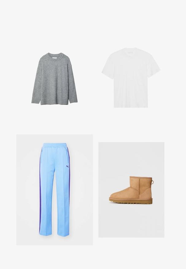 Siv krožnikast pulover z okroglo izreznico, spuščeni rameni in rebrastimi rokavi. Mehka tekstura in ohlapen kroj. Brez vzorcev ali akcentov.; Bela bombažna majica s kratkimi rokavi, krožnim izrezom in ravnim robom. Gladka tekstura, minimalistična zasnova brez vzorcev ali okrasov.; Svjetloplave trenirke s ljubičastim bočnim prugama, elastičnom strukom i džepovima sa patentnim zatvaračem. Mekana tkanina i ravni kroj.; Rjav nubuk čevlj z gležnjem s okroglo konico, šivanjem, zanko za pomoč pri oblačenju na hrbtni strani in teksturiranim gumijastim podplatom. Zasnovan za udobje in toplino.