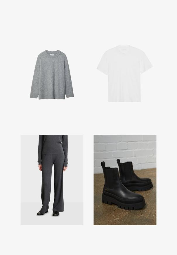 Maglione grigio lavorato a maglia con scollatura rotonda, spalle abbassate e polsini a costine. Texture morbida e design ampio. Senza fantasie né accenti.; T-shirt bianco in cotone con maniche corte, scollatura a girocollo e orlo dritto. Tessuto liscio, design minimalista senza motivi o dettagli.; Maglione grigio a coste e pantaloni ampi, con maniche lunghe, una silhouette aderente e una texture soffice, abbinati a scarpe nere.; Stivaletti neri in pelle con pannelli laterali elastici, suole in piuma nera spessa e dettagli di cucitura, dotati di una linguetta per una facile calzata.