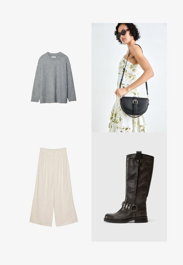 Harmaa neulottu villapaita pyöreällä kauluksella, pudotetuilla olkapäillä ja ribbaustaskuilla. Pehmeä rakenne ja löysä malli. Ei kuvioita tai koristeluja.; Vaaleanharmaa lyhythihainen T-paita, jossa on V-pääntie, valmistettu pehmeästä materiaalista; sisältää rentoa istuvuutta ja siistiä viimeistelyä ilman kuvioita.; Lakan levelegged hameet vaaleanbeige väri, jossa on poimutettu muotoilu ja joustava vyötärö mukavuutta ja helppokäyttöisyyttä varten.; Tamaris Biker-/cowboysaappaat - cigar; Musta nahkainen käsilaukku, joka on kaareva muotoilultaan, irrotettavalla hihnalla ja kultaisilla yksityiskohdilla. Laukussa on läppä, jossa on solk yksityiskohta.