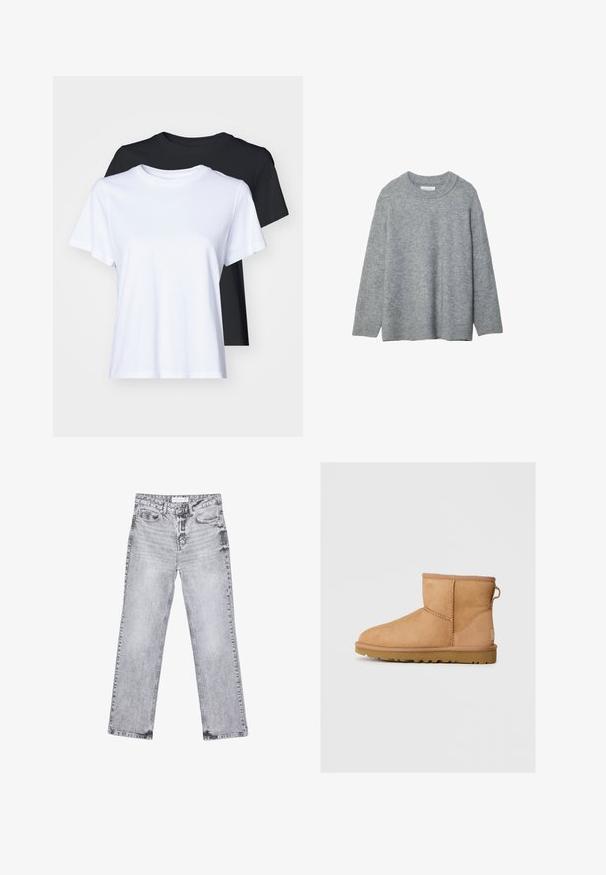 Sivi pleteni pulover s okruglim izrezom, spuštenim ramenima i rebrastim manžetama. Mekana tekstura i širok kroj. Bez uzoraka ili naglašavanja.; Dva majice kratkih rukava u crnoj i bijeloj boji, izrađene od glatkog pamuka, s klasičnim okruglim izrezom i regularnim krojem.; Sive traperice s ravnim nogavicama, s detaljima trošenja, pet džepova i bakrenim zakovicama. Pojas ima oznaku s logom.; Anđeoske čizme od brušene kože u bež boji sa okruglim prstom, šivenim detaljima, petnim trakama i teksturiranim gumenim đonom. Dizajnirane za udobnost i toplinu.