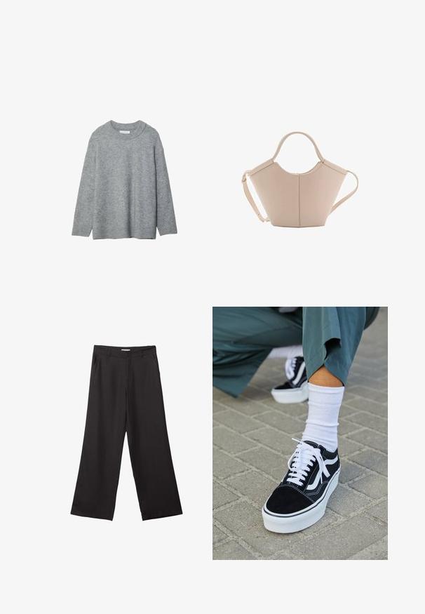 Grijze gebreide trui met een ronde hals, verlaagde schouders en geribbelde boorden. Zachte textuur en een losse pasvorm. Geen patronen of accenten.; Zwarte wijde broek van gladde stof, met een ritssluiting aan de voorkant en twee zijzakken, een getailleerde pasvorm en een minimalistisch ontwerp.; Zwarte suède sneaker met witte accenten en veters, uitgerust met een dikke witte zool en contrasterende stiksels, gecombineerd met een witte sok.; Beige leren handtas met een unieke vorm, voorzien van twee korte handvatten en een lange verstelbare schouderriem. Glad oppervlak met minimale hardware.