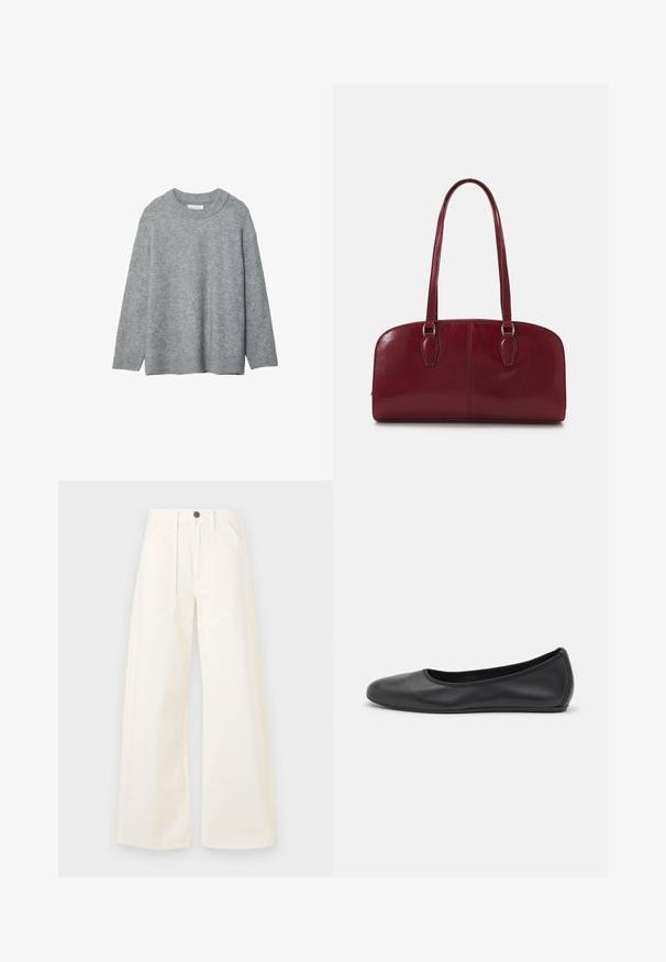 Šedý pletený svetr s kulatým výstřihem, spadlými rameny a žebrovanými manžetami. Měkká textura a volný střih. Bez vzorů nebo akcentů.; Kalhoty s širokými nohavicemi vyrobené z bílé bavlny, s vysokým pasem, dvěma předními kapsami a zapínáním na jeden knoflík vpředu.; Černé kožené baletní byty s kulatou špičkou, hladkou texturou, minimálními švy a flexibilním designem podrážky.; Zign LEATHER - Kabelka - dark red