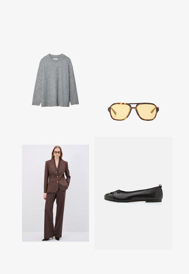 Grijze gebreide trui met een ronde hals, verlaagde schouders en geribbelde boorden. Zachte textuur en een losse pasvorm. Geen patronen of accenten.; Bruine op maat gemaakte suit met een blazer met notch-lapel en bijpassende wijde broek. Kenmerkt zich door de gestructureerde stof en gouden knopen.; Zwart patentleer balletschoen met een ronde neus, voorzien van een klein strikdetail aan de voorkant en een gevoerde binnenzool voor comfort.; Schildpadzonnebril met een geometrisch ontwerp, gele lenzen en metalen accenten op de pootjes. Brede rand en matte textuur.; Zwarte leren geweven tote bag met een slouchy vorm en een brede schouderriem. Kenmerkt zich door een gestructureerd, verweven ontwerp met een gladde afwerking.