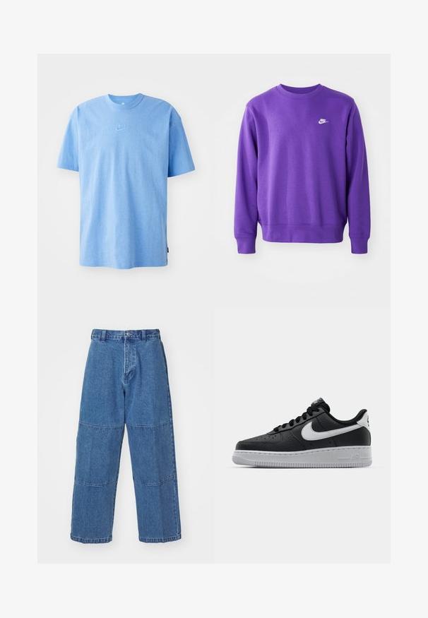 Violeta Nike sporta džemperis ar klasisku apaļu kaklu, ribotām piedurknēm un apakšmalu, ar mazu baltu logo krūšu rajonā. Mīksta, teksturēta auduma.; Gaiši zilas kokvilnas T-krekls ar apaļu kakla izgriezumu, īsām piedurknēm un mazu izšūtu Nike logo centrā uz krūtīm. Nav rakstu vai akcentu.; Gaiši zili džinsu bikses ar brīvu piegriezumu, piedāvājot divas atšķirīgas auduma paneļus, priekšējo pogu aizdari un platas kājas.; Melna ādas sporta apavi ar teksturētu virsmu, balta Nike swoosh zīme, pelēks zole, apaļa pirksta daļa un saistējs dizains. Iekļautas perforācijas uz pirksta kastes.