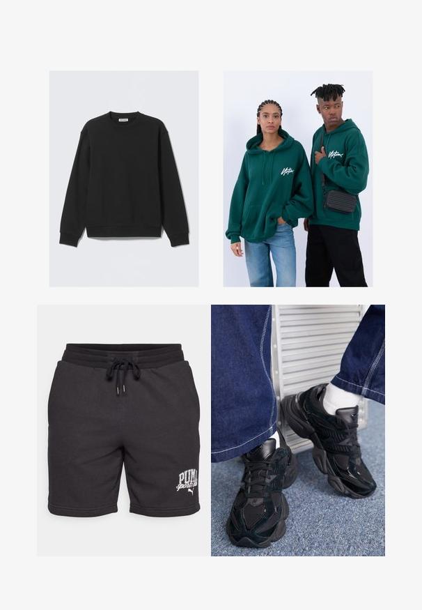 Čierna mikina s okrúhlym výstrihom a dlhými rukávmi, s rebrovanými manžetami a spodným lemom, označená názvom "WEEKDAY" na vnútornej strane goliera.; Čierne bavlnené šortky s elastickým pásom na šnúrku, bočnými vreckami a potlačeným logom "PUMA sports club". Mäkkučká textúra a voľný dizajn.; Čierne tenisky so kombináciou textúrovaných a hladkých materiálov, výrazným šnurovaním a robustnou podrážkou, v kombinácii s tmavými denimovými nohavicami.; Zelené mikiny s kapucňou a prednými vreckami, vo voľnom strihu. Jeden model má na sebe čierne džínsy, druhý nosí čiernu tašku cez rameno.
