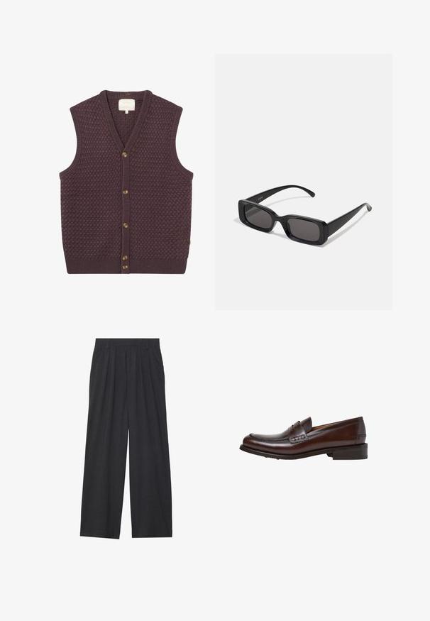 Dunkellila gestrickte Weste mit einem strukturierten Muster, V-Ausschnitt und fünf braunen Knöpfen auf der Vorderseite. Gerippte Ränder am Saum und an den Armlöchern.; Weißes T-Shirt mit kurzen Ärmeln aus Baumwolle, das über einen Rundhalsausschnitt und einen lockeren Schnitt mit geradem Saum verfügt. Keine Muster oder Verzierungen.; Weit geschnittene Hosen aus dunkelgrauem Stoff. Merkmale sind Falten an der Taille, ein maßgeschneiderter Schnitt und eine gerade Silhouette.; Hackett London JAME MIRROW - Mokassin - brown; Schwarze rechteckige Sonnenbrille mit dunklen Gläsern, glänzender Oberfläche, breiten Bügeln und einem klobigen Rahmen-Design. Gravierter Markenname auf einem Bügel.