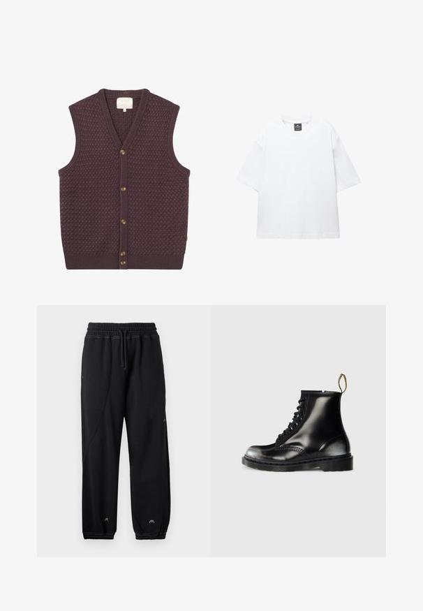 Tmavofialová pletená vesta so štruktúrovaným vzorom, výstrihom do V a piatimi hnedými gombíkmi na prednej strane. Žebrované okraje na leme a výstrihu rukávov.; Biely krátky rukáv tričko vyrobené z bavlny, s okrúhlym výstrihom a voľným strihom so rovnomerným lemovaním. Bez vzorov alebo ozdôb.; Čierne tepláky s elastickým pásom a šnúrkou. Majú bočné vrecká a elastické manžety, vyrobené z mäkkej tkaniny.; Čierne kožené členkové topánky s lesklým povrchom, s ôsmymi otvorom pre šnurovanie, čiernymi šnúrkami a s náťahovým pútkom. Majú textúrovanú podrážku.