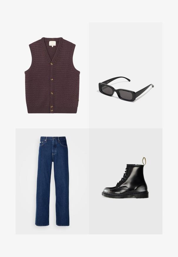 Tmavě fialová pletená vesta s texturovaným vzorem, véčkovým výstřihem a pěti hnědými knoflíky vpředu. Hladké okraje na spodním lemu a průramkách.; Bílý krátký rukáv tričko vyrobené z bavlny, s kulatým výstřihem a volným střihem se rovním lemem. Bez vzorů nebo zdobení.; Tmavě modré džíny z denimu s širokým střihem, které mají zapínání na knoflík a klasické pětivreckové provedení. Tkanina má hladkou texturu.; Černé kožené kotníkové boty s lesklým povrchem, osmi oky, černými tkaničkami a poutkem. Vyznačují se texturovanou podrážkou s profilováním.; Černé obdélníkové sluneční brýle s tmavými skly, lesklým povrchem, širokými ramínky a robustním designem rámu. Vytlačený název značky na jednom ramínku.
