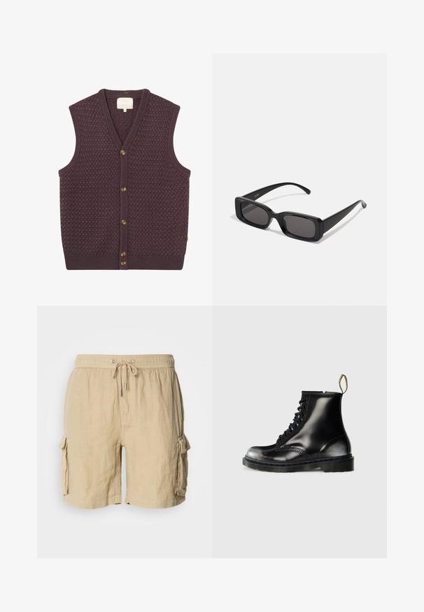 Gilet lavorato a maglia di colore viola scuro con un motivo texturizzato, scollo a V e cinque bottoni marroni sul davanti. Bordo a costine all'orlo e alle armature.; T-shirt bianco a maniche corte in cotone, con scollatura rotonda e vestibilità rilassata con orlo dritto. Nessun motivo o decorazione.; Pantaloni cargo beige realizzati in tessuto leggero con vita elastica e cordoncino. Presentano due tasche laterali e una finitura testurizzata.; Stivali neri in pelle fino alla caviglia con una finitura lucida, otto asole, lacci neri e un manico. Presentano una suola a carrarmato texturizzata.; Occhiali da sole neri rettangolari con lenti scure, finitura lucida, aste larghe e design della montatura spessa. Nome del marchio inciso su un'asta.