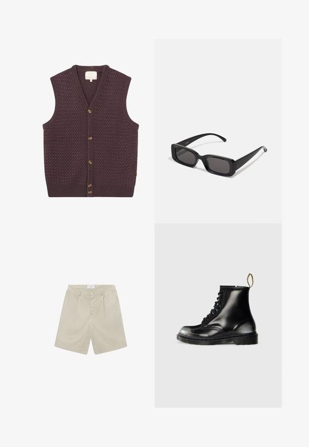 Tamno ljubičasti pleteni prsluk s teksturiranim uzorkom, v-izrezom i pet smeškastih dugmadi sprijeda. Rebrasti rubovi na donjem dijelu i na rupama za ruke.; Bijela majica kratkih rukava od pamuka, s okruglim izrezom i opuštenim krojem sa ravnim rubom. Bez uzoraka ili ukrasa.; Bež šortsevi prilagođenog kroja s ravnim prednjim dijelom, dva bočna džepa i jednim dugmetom za zatvaranje. Izrađeni su od lagane, glatke tkanine.; Crne kožne gležnjače s sjajnom završnom obradom, osam rupa za vezanje, crne vezice i petlja za lakše obuvanje. Imaju teksturiranu potplate s uzorkom.; Crne pravokutne sunčane naočale s tamnim lećama, sjajnim završetkom, širokim drškama i masivnim okvirom. Ugraviran naziv branda na jednoj dršci.