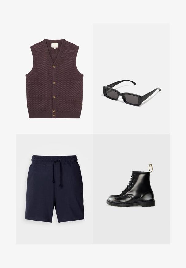 Dunkellila gestrickte Weste mit einem strukturierten Muster, V-Ausschnitt und fünf braunen Knöpfen auf der Vorderseite. Gerippte Ränder am Saum und an den Armlöchern.; Weißes T-Shirt mit kurzen Ärmeln aus Baumwolle, das über einen Rundhalsausschnitt und einen lockeren Schnitt mit geradem Saum verfügt. Keine Muster oder Verzierungen.; Marineblaue Shorts mit lockerer Passform, elastischem Bund und verstellbarem Kordelzug. Leichtes Material mit glatter Textur.; Schwarze Leder-Ankle-Boots mit glanzfinish, acht Ösen, schwarzen Schnürsenkeln und einer Zuglasche. Mit einer strukturierten, profilierten Sohle.; Schwarze rechteckige Sonnenbrille mit dunklen Gläsern, glänzender Oberfläche, breiten Bügeln und einem klobigen Rahmen-Design. Gravierter Markenname auf einem Bügel.