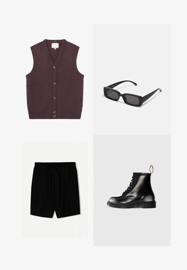 Musta purppura neulottu liivi, jossa on teksturoitu kuvio, V-pääntie ja viisi ruskeaa nappia edessä. Resorireunat helmassa ja käsivarsikohdissa.; Valkoinen lyhythihainen T-paita, joka on valmistettu puuvillasta. Paita on pyöreäkauluksinen, väljästi leikattu ja suorahelmainen. Ei kuvioita eikä koristeita.; Mustat shortsit, jotka on valmistettu kevyestä kankaasta ja joissa on joustava vyötärö, jossa on nauha, etupillot sekä polvien ylle ulottuva pituus.; Mustat nahka nilkkasaappaat kiiltävällä pinnalla, kahdeksan reikää, mustat nauhat ja vetolenkit. Ominaisuuksiin kuuluu teksturoitu, uritettu pohja.; Mustat suorakaiteen muotoiset aurinkolasit, joissa tummat linssit, kiiltävä pinta, leveät sangan varret ja massiivinen kehysmuotoilu. Yhden sangansivun kaiverrettu brändinimi.