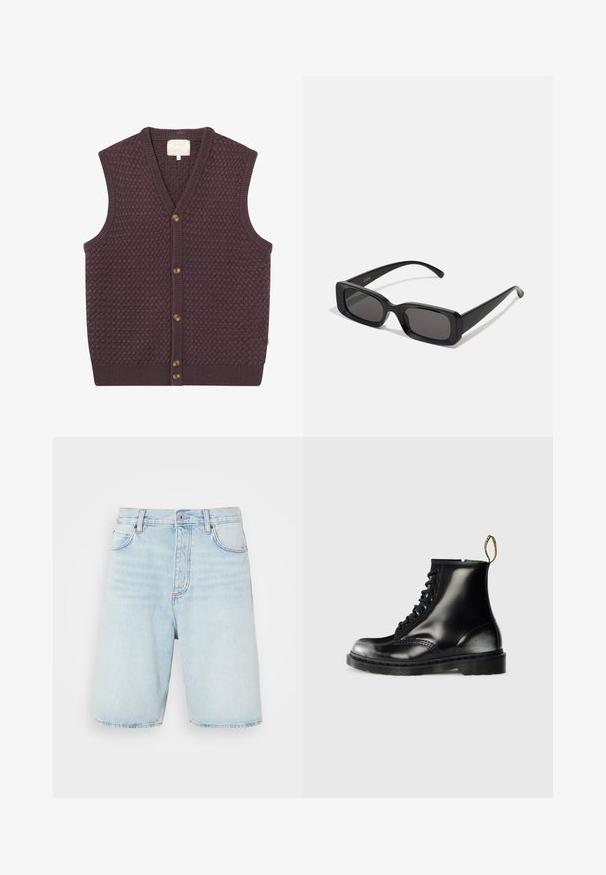 Tamno ljubičasti pleteni prsluk s teksturiranim uzorkom, v-izrezom i pet smeškastih dugmadi sprijeda. Rebrasti rubovi na donjem dijelu i na rupama za ruke.; Bijela majica kratkih rukava od pamuka, s okruglim izrezom i opuštenim krojem sa ravnim rubom. Bez uzoraka ili ukrasa.; Svijetloplave traper kratke hlače s visokim strukom, kopčanjem na dugme i pet džepova. Imaju suptilno izbjeljenje i ravni kroj nogavica.; Crne kožne gležnjače s sjajnom završnom obradom, osam rupa za vezanje, crne vezice i petlja za lakše obuvanje. Imaju teksturiranu potplate s uzorkom.; Crne pravokutne sunčane naočale s tamnim lećama, sjajnim završetkom, širokim drškama i masivnim okvirom. Ugraviran naziv branda na jednoj dršci.