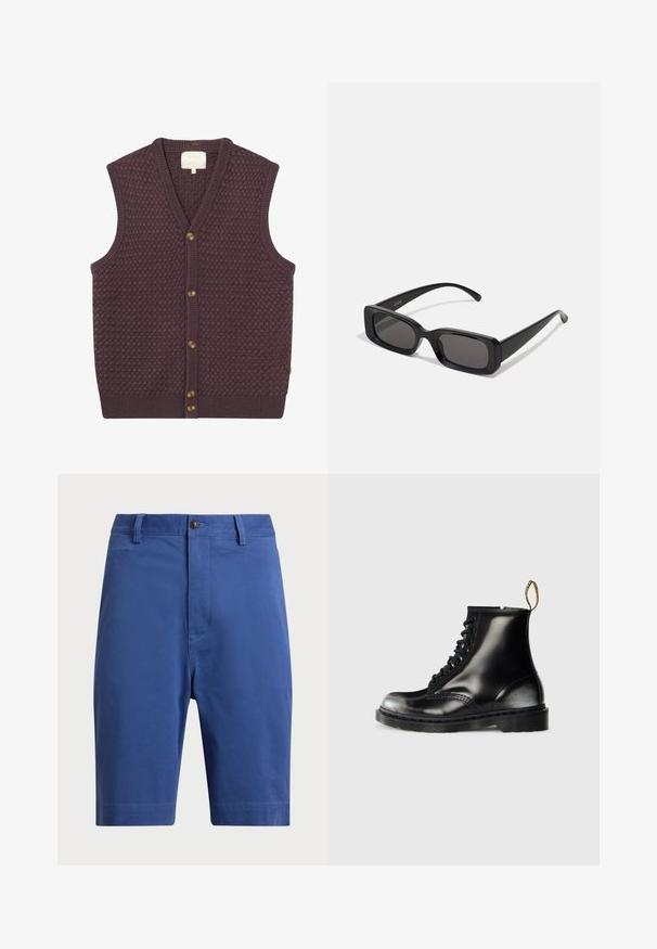 Mörklila stickad väst med ett strukturerat mönster, v-ringning och fem bruna knappar fram. Ribbad kant vid avslut och armhål.; Vit kortärmad t-shirt i bomull, med rund halsringning och avslappnad passform med rak nederkant. Inga mönster eller dekorationer.; Blå bomullsshorts med platt front, enkel knappstängning och bälteshällor. Raka ben utan synliga mönster eller detaljer.; Svarta läderankelstövlar med en glänsande yta, åtta öglor, svarta snören och en dragtab. Har en texturerad sula med mönster.; Svarta rektangulära solglasögon med mörka linser, glänsande yta, breda skalmar och en gedigen ramdesign. Graverat märke på ena skalmen.