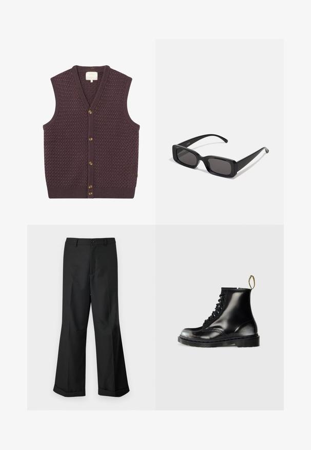 Tmavofialová pletená vesta so štruktúrovaným vzorom, výstrihom do V a piatimi hnedými gombíkmi na prednej strane. Žebrované okraje na leme a výstrihu rukávov.; Biely krátky rukáv tričko vyrobené z bavlny, s okrúhlym výstrihom a voľným strihom so rovnomerným lemovaním. Bez vzorov alebo ozdôb.; Čierne nohavice s širokými nohavicami a gombíkovým pásom, s manžetami na koncoch, vystavené na jednoduchom bielom pozadí.; Čierne kožené členkové topánky s lesklým povrchom, s ôsmymi otvorom pre šnurovanie, čiernymi šnúrkami a s náťahovým pútkom. Majú textúrovanú podrážku.; Čierne obdĺžnikové slnečné okuliare s tmavými šošovkami, lesklým povrchom, širokými ramenami a robustným rámovým dizajnom. Vygravírované meno značky na jednom ramene.