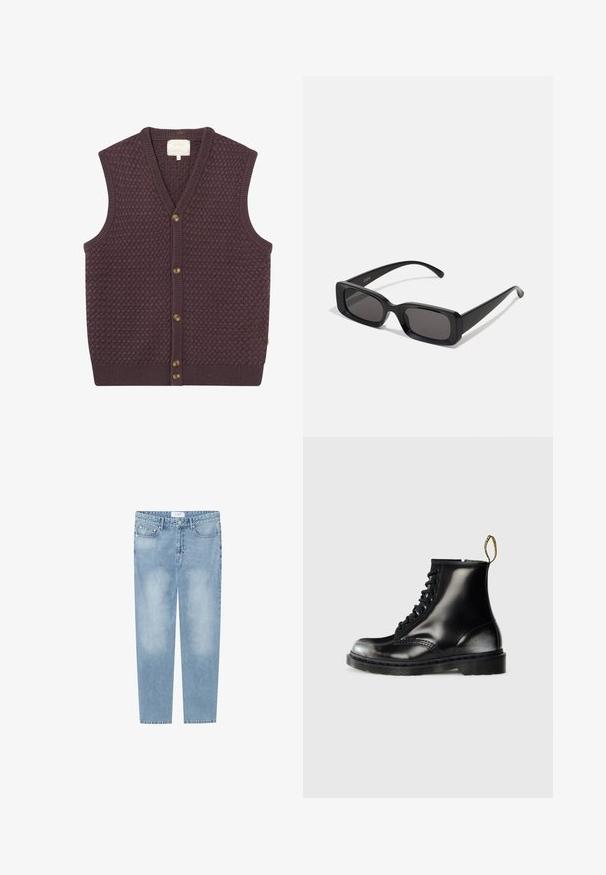 Donkerpaarse gebreide vest met een getextureerd patroon, v-hals en vijf bruine knopen aan de voorkant. Ribbelrand aan de onderkant en rond de armsgaten.; Zwarte katoen t-shirt met korte mouwen, ronde hals en een relaxte fit. Soepele textuur en minimalistisch ontwerp, geen patronen of accenten.; Lichtblauwe rechte jeans gemaakt van denim. Voorzien van een vijf-pocket ontwerp, vervaagde plekken en een label op de tailleband. Geen versieringen.; Zwarte leren enkellaarzen met een glanzende afwerking, acht veterogen, zwarte veters en een trekloop. Voorzien van een getextureerde, gedetailleerde zool.; Zwarte rechthoekige zonnebril met donkere lenzen, glanzende afwerking, brede pootjes en een robuust frameontwerp. Gegraveerde merknaam op één van de pootjes.