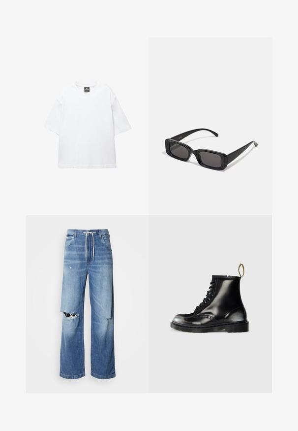 Temno vijolični pleteni brezrokavnik z teksturiranim vzorcem, v-vratom in petimi rjavimi gumbi spredaj. Ribo meje na robu in armarnicah.; Bela majica s kratkimi rokavi iz bombaža, z okroglo ovratnikom in sproščenim krojem ter ravnim robom. Brez vzorcev ali okrasnih elementov.; Svetlo modri kavbojke z ohlapnim krojem, z belim vrvico na pasu in izrazitimi raztrganinami spredaj, ki kažejo na odrgnjene robove.; Črne usnjene gležnjarje s sijajno površino, osem luknjicami, črnimi vezalkami in zanko za pomoč pri obuvanju. Imajo teksturiran podplat z globokim profilom.; Črne pravokotne sončna očala z temnimi lečami, sijajna površina, široka ročaja in masiven okvir. Vgravirano ime blagovne znamke na eni ročaji.