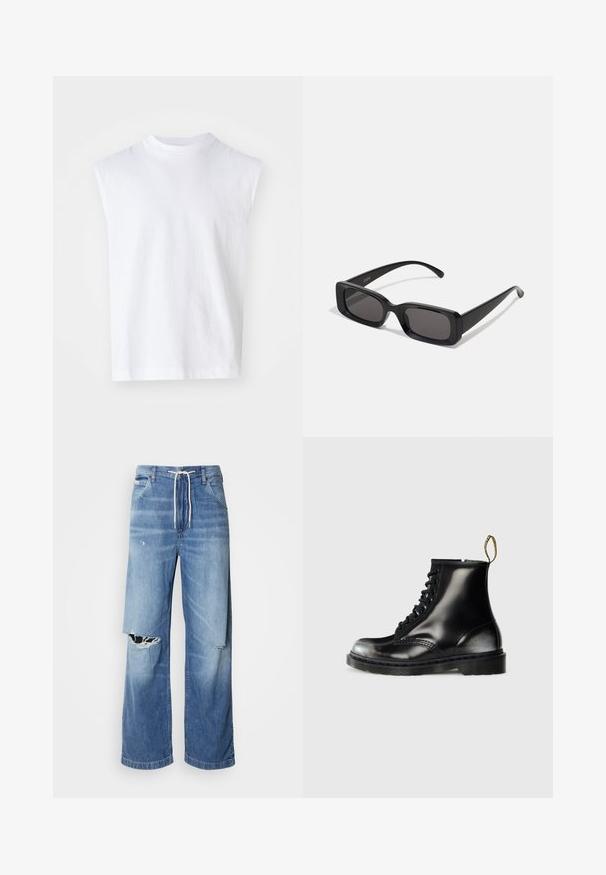 Dark purple knitted vest featuring a textured pattern, v-neck, and five brown buttons down the front. Ribbed edges at hem and armholes.; White sleeveless top made from cotton with a round neckline, a relaxed fit, and a smooth texture. Simple design with no patterns or accents.; Light blue denim jeans with a loose fit, featuring a white drawstring waist, and distinct rips on the front, showing frayed edges.; Black leather ankle boots with a shiny finish, eight eyelets, black laces, and a pull tab. Features a textured treaded sole.; Black rectangular sunglasses with dark lenses, glossy finish, wide arms, and a chunky frame design. Engraved brand name on one arm.