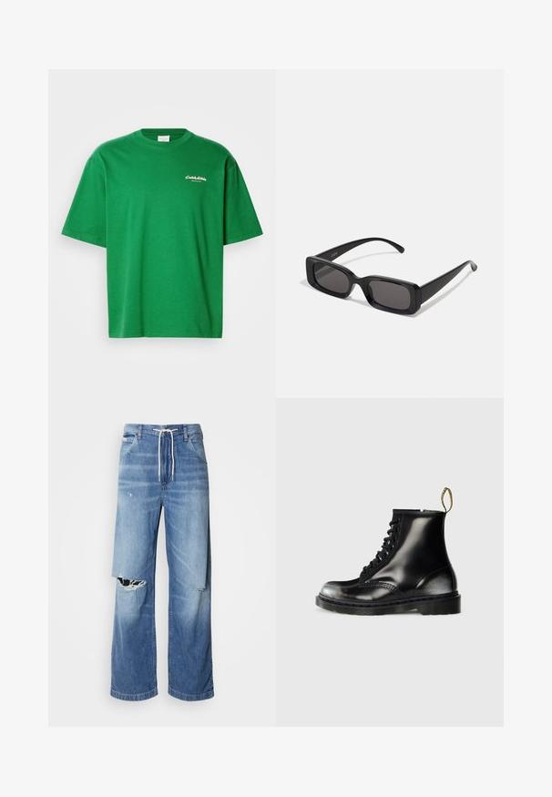 Mörklila stickad väst med ett strukturerat mönster, v-ringning och fem bruna knappar fram. Ribbad kant vid avslut och armhål.; Grön bomull T-shirt med avslappnad passform, korta ärmar och rundad halsringning. Har en liten vit logotyp på framsidan.; Ljusblå denimjeans med lös passform, med en vit dragsko i midjan och framträdande revor framtill som visar upp fransade kanter.; Svarta läderankelstövlar med en glänsande yta, åtta öglor, svarta snören och en dragtab. Har en texturerad sula med mönster.; Svarta rektangulära solglasögon med mörka linser, glänsande yta, breda skalmar och en gedigen ramdesign. Graverat märke på ena skalmen.