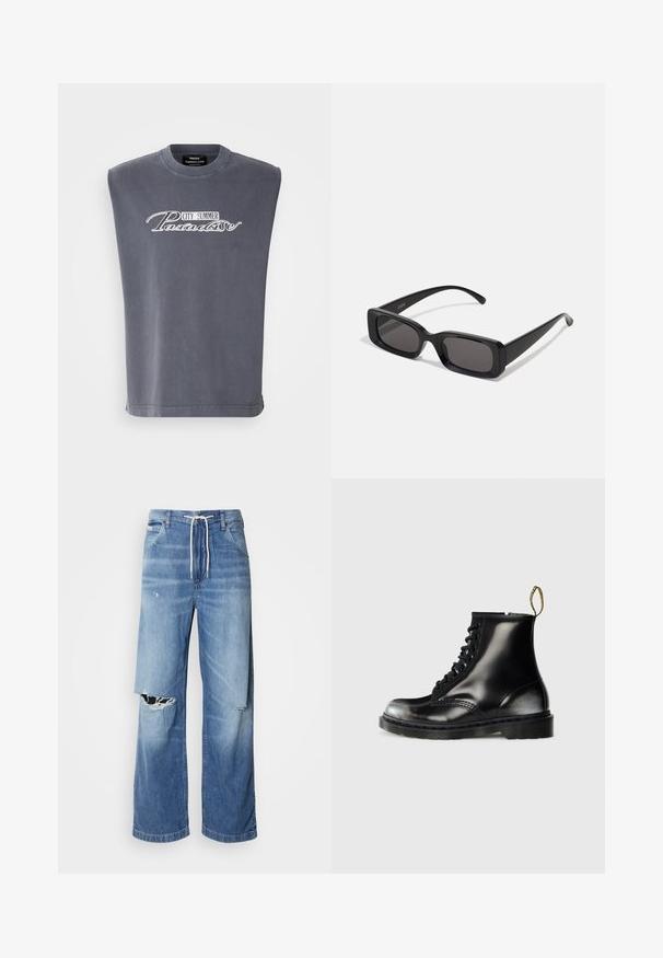 Vest tricotat de culoare purpurie închisă, cu un model texturat, de tip v-neck și cinci nasturi maro pe față. Margini ribate la tiv și la gurița mânecilor.; Tricou gri fără mâneci din material moale, cu decolteu rotund și un design imprimat cu "CITY SUMMER Paradise" în alb.; Blugi din denim de culoare albastru deschis, cu o croială lejeră, având un cordon alb la talie și rupturi distincte în față, arătând margini destrămate.; Botine negre din piele cu un finisaj lucios, cu opt găuri pentru șireturi, șireturi negre și o bandă de tragere. Au un talpă texturată cu model.; Ochelari de soare negri, cu ramă rectangulară, lentile întunecate, finisaj lucios, brațe late și un design masiv. Numele mărcii gravat pe una dintre brațe.