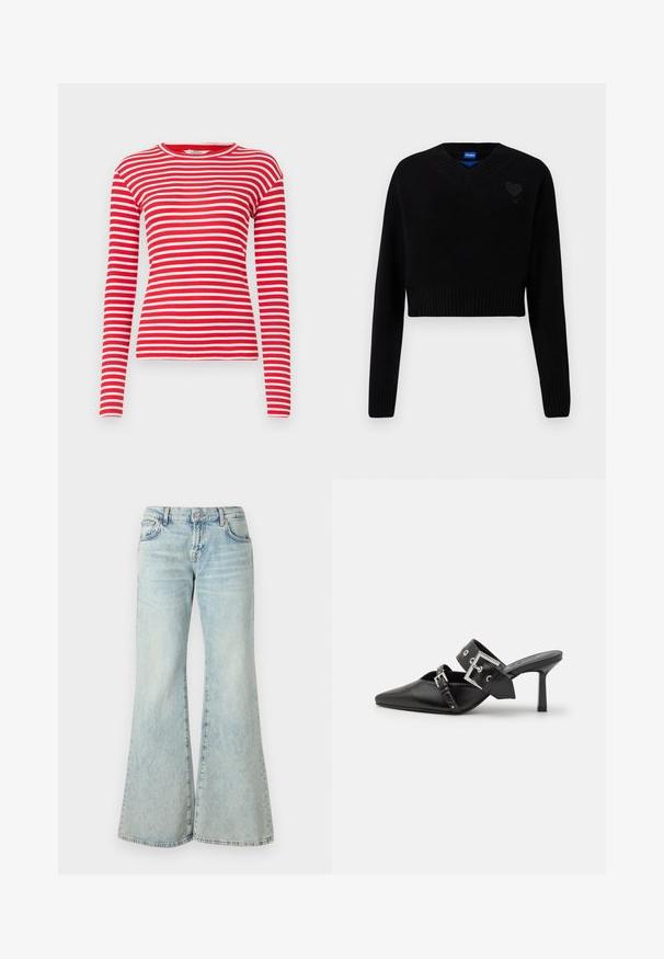 Fekete, cropped pulóver V-kivágással, bordázott szegéllyel és hosszú ujjal. Egy kis, textúrált szív részlet található a mellrészen. Puha anyagból készült.; Piros-fehér csíkos, hosszú ujjú póló, bordás anyagból készült, kerek nyakkivágással és testhezálló szabással. A minta vízszintes csíkokból áll.; Világoskék, trapéz szabású farmernadrág, magas derékkal, zsebekkel és fonott szegéllyel. Az anyag kifakult mosást és finom textúrát mutat.; Fekete magassarkú mules, hegyes orral, sima bőrből készült. Széles bokapántja van, négyzet alakú ezüst csattal és szegecsekkel.