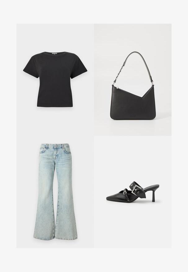 Černý krátký svetr s výstřihem do V, žebrovaným lemem a dlouhými rukávy. Obsahuje malý texturovaný detail srdce na hrudi. Vyrobeno z měkkého materiálu.; Černé bavlněné tričko s krátkými rukávy, kulatým výstřihem a volným střihem. Žádné viditelné vzory ani kovové detaily. Hladký povrch.; Světle modré zvonové džíny vyrobené z denimu, s vysokým pasem, kapsami a roztrhanými lemy. Tkanina má vybledlý omak a jemnou strukturu.; Černé muly na vysokém podpatku s špičatou špičkou, vyrobené z hladké kůže. Mají široký pás kolem kotníku se čtvercovou stříbrnou sponou a cvočky.; Černá kožená kabelka trojúhelníkového tvaru, se štíhlým popruhem a stříbrnými kovovými prvky. Obsahuje zipové uzavření a embosované logo na přední straně.
