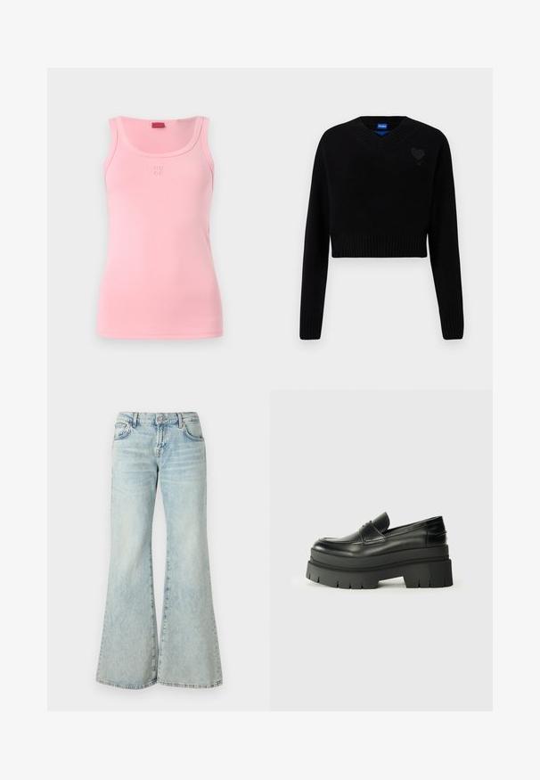 Sort cropped sweater med V-hals, ribbet kant og lange ærmer. Har en lille struktureret hjerte detaljer på brystet. Fremstillet af blødt materiale.; Rosa ærmeløs tanktop lavet af blød bomuld, med en rund halsudskæring og et lille broderet "HUGO" logo på fronten.; Lyseblå flared jeans lavet af denim, med høj talje, lommer og frynset kant. Stoffet har et slidt look og en subtil struktur.; Sorte læder loafers med en kraftig platformsål. Rund tå, forkant-søm detalje og subtile syninger. Flad, struktureret ydersål.