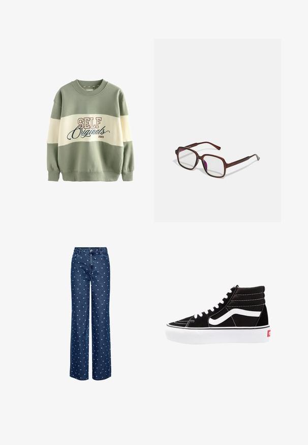 Zelený a krémový pulóver s okrúhlym výstrihom, ribbovanými manžetami a textom 'SELF Originals 2023' v burgundskej a modrej farbe.; Pieces PCNEA - Džínsy voľného strihu - medium blue denim; Čierne vysoké tenisky s bielymi šnúrkami, bielym logom a kontrastným bielym prešívaním. Majú hrubú bielu podrážku a textúrovaný semišový zvršok.; Hnedé, obdĺžnikové dioptrické okuliare s priehľadnými šošovkami a fialovými odtieňmi. Hladký plastový rám so zásadnými nožičkami a jemnými akcentmi.; Čierna kožená hobo taška s uvoľneným dizajnom, širokým ramenným popruhom a hladkým povrchom. Obsahuje jedno zipsové uzatváranie na boku.