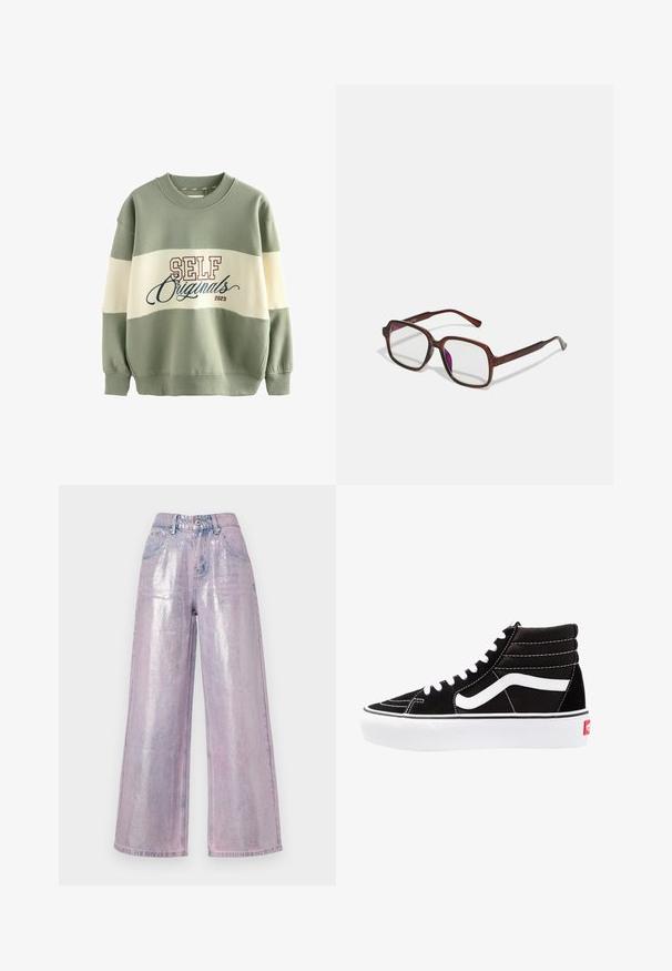 Zeleni i krem pulover s kapuljačom, s okruglim izrezom, rebrastim manžetama i natpisom 'SELF Originals 2023' u burgundskom i plavom.; The Ragged Priest AMETHYST  - Široke nogavice - metallic lilac; Crne visoke tenisice s bijelim vezicama, bijelim logotipom i kontrastnim bijelim šavovima. Imaju debeli bijeli potplat i teksturiranu nubuk gornjište.; Smeđe, pravokutne naočale s prozirnim lećama i ljubičastim nijansama. Glatki plastični okvir sa ravnim skrambljima i suptilnim akcentsima.; Crna kožna hobo torba sa opuštenim dizajnom, širokim naramenicama i glatkom teksturom. Ima jedan zatvarač s jedne strane.; Ogrlica s tri sloja koja sadrži zlatne lance, srebrne perle i središnji čvor. Uključuje prilagodljivu kopču.