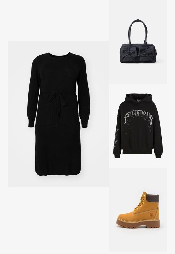 Crna dukserica s kapuljačom, napravljena od mekog materijala, s bijelim otisnutim tekstom i uzorcima, sa naglašenim detaljima na rukavima.; Crna pletena haljina s dugim rukavima, okruglim izrezom i remenom na struku. Glatka tekstura i haljina srednje duljine.; Smešati vodootpornu gležnjaču smeđe boje s čvrstim gumenim đonom, okruglim vrhom, smešanim kožnim ovratnikom, žutim vezicama i logotipom sa strane.; Crna platnena torba sa dva prednja džepa s detaljima mašne, dvostrukim drškama i zatvaranjem na munju. Mekana tekstura i pravokutni oblik.