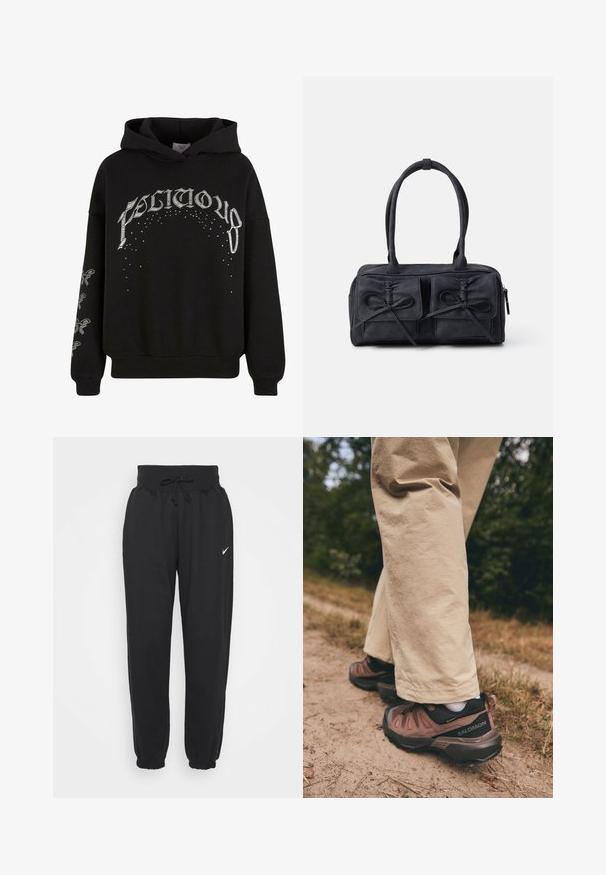 Čierna mikina s kapucňou vyrobená z mäkkej tkaniny, s bielym potlačeným textom a vzormi, s akcentmi na rukávoch.; Čierne tepláky vyrobené z mäkkej bavlnenej zmesi, s elastickým pásom na šnúrku a elastickými manžetami. Logo Nike na ľavom stehne.; Salomon X ULTRA 360 LTR GORE TEX - Turistické topánky - cognac/peppercorn/black; Čierna textilná kabelka s dvoma prednými vreckami, ktoré majú detaily s mašľou, dvojitými uchami a zipsom. Mäkká textúra a obdĺžnikový tvar.