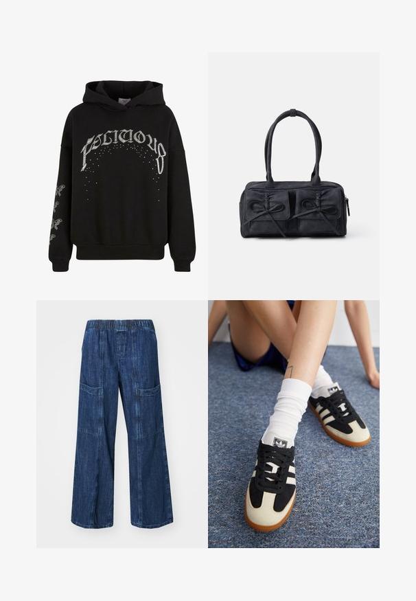 Black hooded sweatshirt made of soft fabric, featuring white printed text and patterns, with accent details on the sleeves.; GAP UTILITY EASY MALA - Wide Leg - dark indigo; Black and white athletic shoes with a suede and leather upper, featuring three white stripes and a gum sole. Pair worn with white socks.; Black fabric handbag with two front pockets featuring bow details, dual handles, and zip closure. Soft texture and rectangular shape.