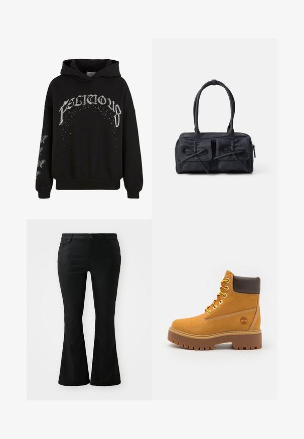 Sweat à capuche noir en tissu doux, arborant des textes et motifs imprimés en blanc, avec des détails accentués sur les manches.; Pantalons évasés noirs en tissu lisse. Dotés de poches avant, d'une braguette à bouton et d'une taille ajustée qui s'élargit en une jambe évasée.; Bottine chevauchant la cheville en tan imperméable avec une semelle en caoutchouc robuste, un bout rond, un col en cuir brun, des lacets jaunes et un logo sur le côté.; Sac à main en tissu noir avec deux poches avant dotées de détails en nœud, deux poignées et fermeture éclair. Texture douce et forme rectangulaire.