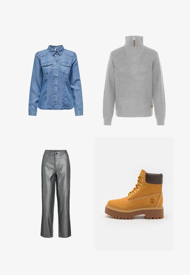 Svijetlosivi pleteni pulover s visokim rebrastim ovratnikom koji ima prednji zatvarač i duge rukave s rebrastim manžetama.; Denim košulja u svijetloplavoj boji, s kragnom, dugim rukavima, dva špica na prsima i srebrnim dugmadi na prednjem dijelu. Glatka tekstura.; Metalne srebrne hlače s visokim strukom, ravnim krojem i prednjim džepovima. Izrađene su od glatkog, sjajnog materijala.; Smešati vodootpornu gležnjaču smeđe boje s čvrstim gumenim đonom, okruglim vrhom, smešanim kožnim ovratnikom, žutim vezicama i logotipom sa strane.