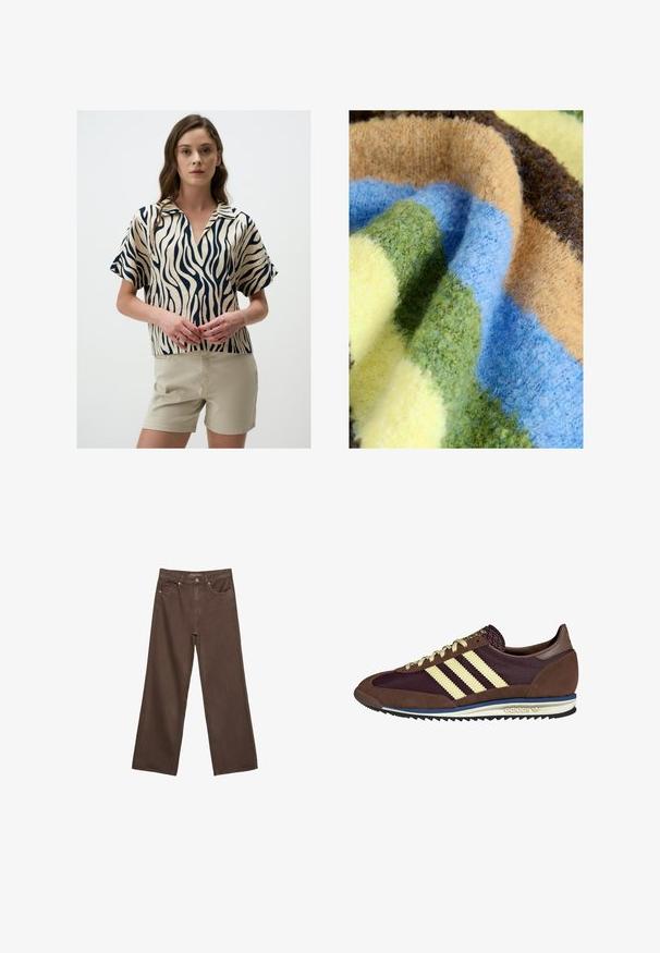Wielokolorowy koc o grubej, miękkiej fakturze z paskami w kolorach zielonym, niebieskim, beżowym, brązowym i żółtym. Przytulny i puszysty materiał.; Bluzka z krótkim rękawem w kolorze kremowym z granatowym wzorem zebry, z kołnierzykiem i dekoltem w kształcie litery V, zestawiona z jasnobeżowymi szortami.; Szerokie brązowe dżinsy wykonane z denimu, z wysokim stanem, przednimi kieszeniami i klasycznym zapięciem na guzik. Gładka faktura z subtelnym przeszyciem.; Brązowe i burgundowe sneakersy wykonane z zamszu i siateczkowych materiałów, z trzema kremowymi paskami, teksturowanym materiałem na języku i gumową podeszwą.