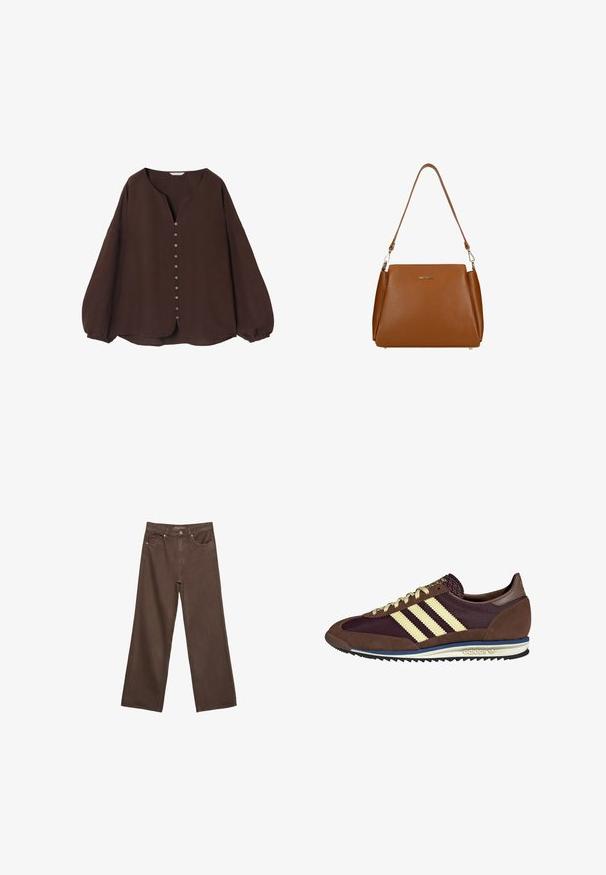 Wielokolorowy koc o grubej, miękkiej fakturze z paskami w kolorach zielonym, niebieskim, beżowym, brązowym i żółtym. Przytulny i puszysty materiał.; Brązowa bluzka z długim rękawem, wykonana z fakturowanego materiału, z dekoltem w kształcie litery V i guzikiem z przodu, posiadająca bufiaste rękawy i zaokrąglony dół.; Szerokie brązowe dżinsy wykonane z denimu, z wysokim stanem, przednimi kieszeniami i klasycznym zapięciem na guzik. Gładka faktura z subtelnym przeszyciem.; Brązowe i burgundowe sneakersy wykonane z zamszu i siateczkowych materiałów, z trzema kremowymi paskami, teksturowanym materiałem na języku i gumową podeszwą.; Brązowa skórzana torebka z teksturowaną powierzchnią, z pojedynczym paskiem na ramię i subtelnym logo z przodu. Charakteryzuje się usztywnioną konstrukcją.