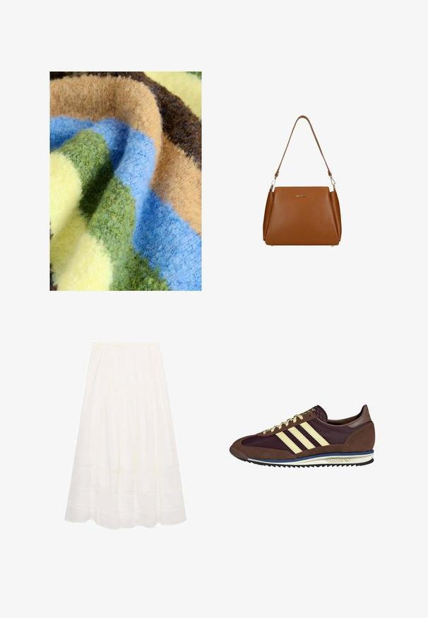 Multicolorede deken met een dikke, zachte textuur en strepen in groen, blauw, beige, bruin en geel. Gezellig en pluche materiaal.; Witte, midi-lange rok van lichtgewicht stof met een gathered taille, voorzien van subtiele horizontale naai-details en een vloeiende silhouet.; Bruine en bordeauxkleurige sneaker van suede en mesh materiaal, met drie crèmekleurige strepen, een gemêleerd stof op de tong en een rubberen zool.; Bruine leren handtas met een gestructureerd oppervlak, een enkele schouderriem en een subtiele logo aan de voorkant. Heeft een gestructureerd ontwerp.