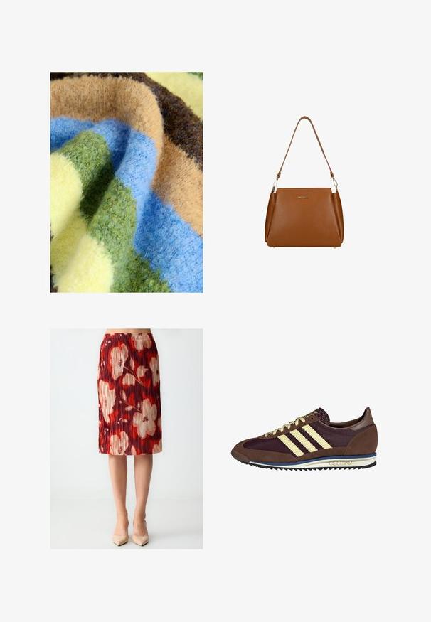 Bunt gestreifte Decke mit dicker, weicher Textur in Grün, Blau, Beige, Braun und Gelb. Gemütliches und plüschiges Material.; Faltrock mit auffälligen roten, weißen und beigen Blumenmustern. Elastischer Bund, knielange Ausführung und glatte Stoffstruktur.; Braune und burgunderfarbene Sneaker aus Wildleder und Mesh-Materialien, mit drei cremefarbenen Streifen, strukturiertem Stoff an der Zunge und einer Gummisohle.; Braune Ledertasche mit strukturierter Oberfläche, einem einzelnen Schulterriemen und einem dezenten Logo auf der Vorderseite. Verfügt über ein strukturiertes Design.