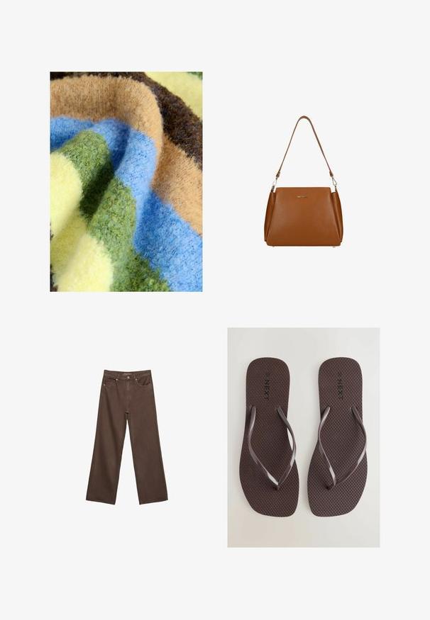 Multicolored blanket featuring thick, soft texture with stripes in green, blue, beige, brown, and yellow. Cozy and plush material.; Wide-leg brown jeans made of denim, featuring a high waist, front pockets, and a classic button closure. Smooth texture with subtle stitching.; Next SQUARE TOE - Pool shoes - chocolate brown; Brown leather handbag with a textured surface, a single shoulder strap, and a subtle logo on the front. Features a structured design.