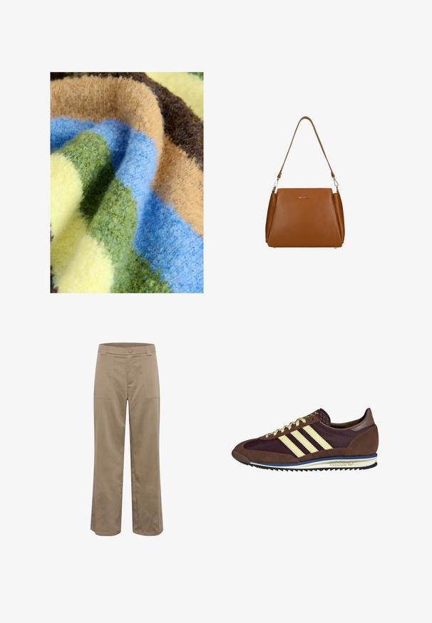 Wielokolorowy koc o grubej, miękkiej fakturze z paskami w kolorach zielonym, niebieskim, beżowym, brązowym i żółtym. Przytulny i puszysty materiał.; Khaki spodnie o szerokich nogawkach ze prostym krojem, wykonane z fakturowanej tkaniny, z dwiema kieszeniami z przodu i zapięciem na guzik w talii.; Brązowe i burgundowe sneakersy wykonane z zamszu i siateczkowych materiałów, z trzema kremowymi paskami, teksturowanym materiałem na języku i gumową podeszwą.; Brązowa skórzana torebka z teksturowaną powierzchnią, z pojedynczym paskiem na ramię i subtelnym logo z przodu. Charakteryzuje się usztywnioną konstrukcją.