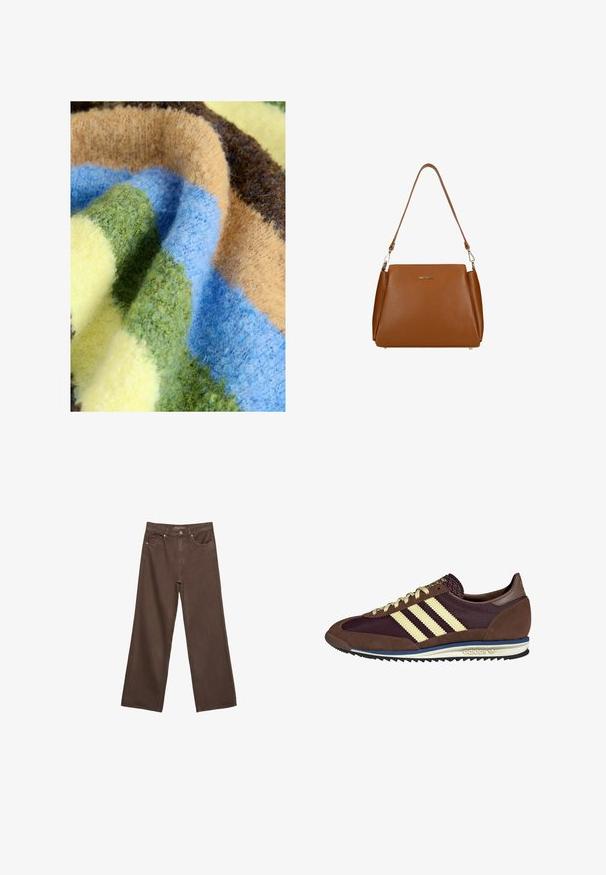 Multicolorede deken met een dikke, zachte textuur en strepen in groen, blauw, beige, bruin en geel. Gezellig en pluche materiaal.; Brede bruine spijkerbroek van denim, met een hoge taille, voorzakken en een klassieke knoopsluiting. Soepele textuur met subtiele stiksels.; Bruine en bordeauxkleurige sneaker van suede en mesh materiaal, met drie crèmekleurige strepen, een gemêleerd stof op de tong en een rubberen zool.; Bruine leren handtas met een gestructureerd oppervlak, een enkele schouderriem en een subtiele logo aan de voorkant. Heeft een gestructureerd ontwerp.