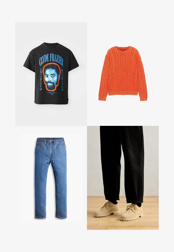 Oranje gebreide trui met een textuur van kabelpatroon, ronde halslijn en geribde mouwen en zoom. Gemaakt van zacht, warm materiaal.; Zwarte katoenen T-shirt met een grafisch ontwerp van het gezicht van Clyde Frazier, omrand in oranje, met blauwe tekst die "SWISHING" en "DISHING" leest.; Blauwe spijkerbroek met een rechte pasvorm, voorzien van vijf zakken, een knoopsluiting en oranje stikselaccenten op een witte achtergrond.; Clarks Originals DESERT ROCK LO - Sportieve veterschoenen - maple