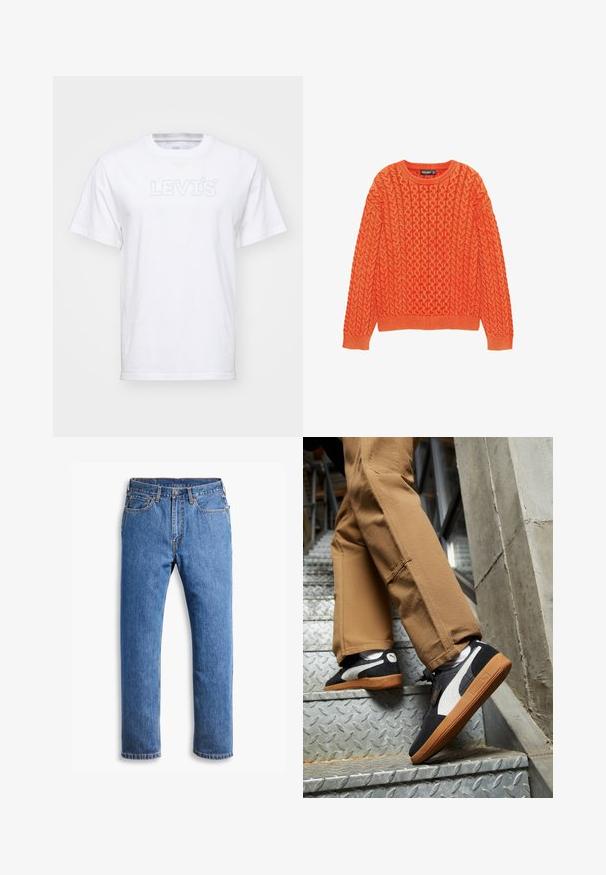 Oranžni pleteni pulover z teksturiranim kabelskim vzorcem, okroglim izrezom in rebrastimi manšetami ter robom. Narejen iz mehkega, toplega blaga.; Bela bombažna majica s kratkimi rokavi in krojnim izrezom. Ima vtisnjen logo "LEVI'S" v svetlo modri barvi čez prsi.; Modri traper hlače s ravnim krojem, ki imajo pet žepov, zapiranje na gumb in oranžne šive na čisti beli podlagi.; Črne in sivo semiš superge z belimi detajli in gumijastimi podplati, obute na svetlo rjave hlače med vzpenjanjem po kovinskih stopnicah.
